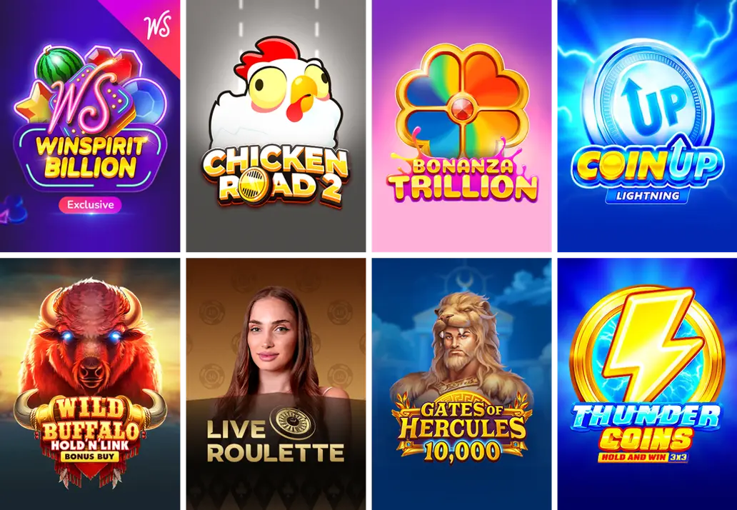 Eight game covers from the WinSpirit lobby, captured 29 September 2026